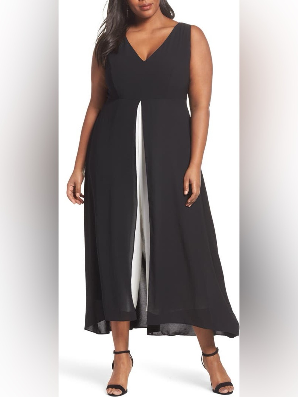 EUC Adrianna Papell Elegant Breezy Chic Wide Leg Skirted Jumpsuit Black White 16